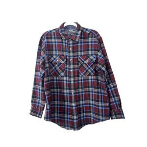 Plaid Flannel Lined Shirt Jacket Shacket Maroon Blue L Cabincore Rugged Mountain